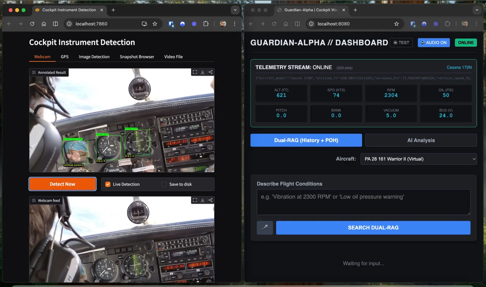 AvGuard dashboard detecting cockpit instruments from camera feeds